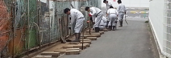 社員が社屋周辺を清掃する様子